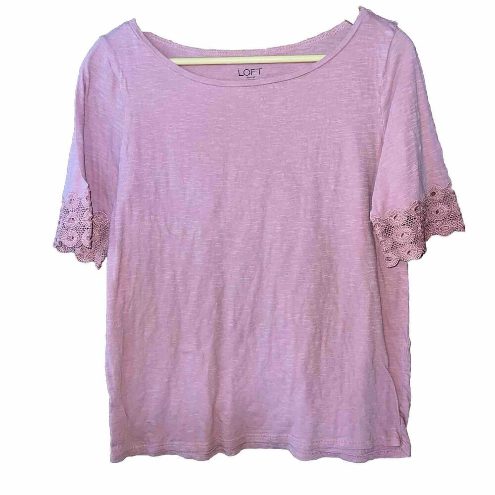 Loft Pink Mauve Cotton Top Blouse Lace Sleeve Accent Short Sleeve Small